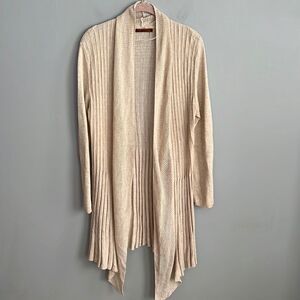 Women’s large neutral beige pleated accent open front waterfall cardigan